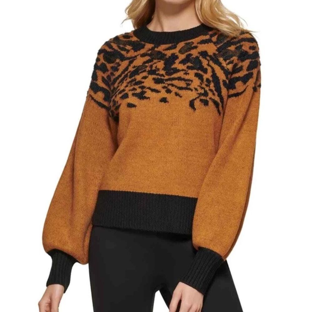 DKNY Animal Print Sequin Puff Sleeve Crewneck Long Sleeve Sweater Size Large